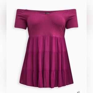 Fabric Mix Knit And Crinkle Gauze Off The Shoulder Smocked Bodice Top